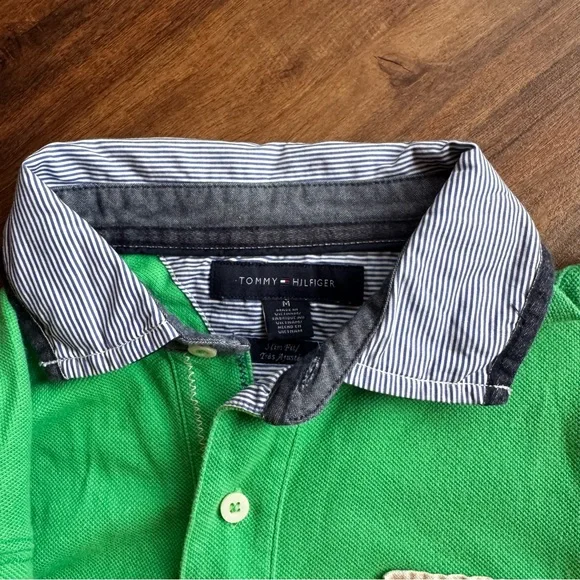 Tommy Hilfiger Vintage Green Rugby Polo Shirt M Patch Logo Short Sleeve Preppy - Picture 6 of 7